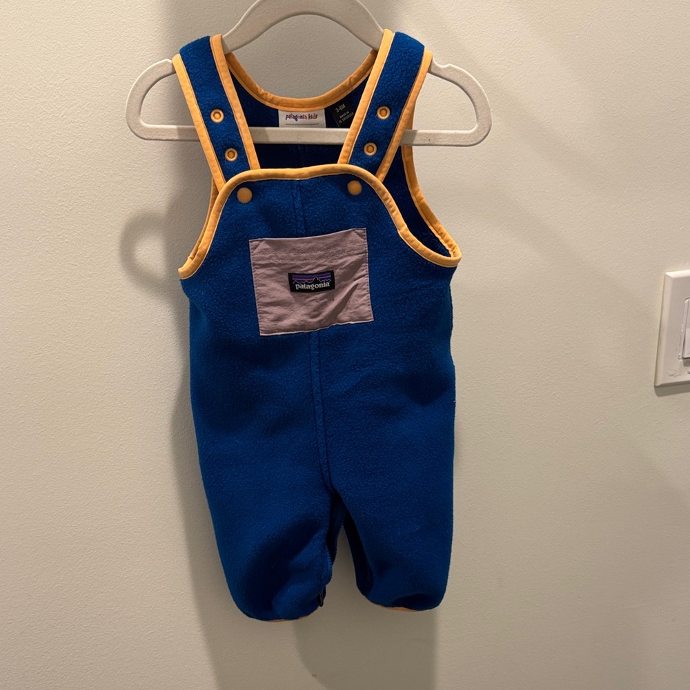 Patagonia Kids Synchilla Fleece Overalls in Blue and Orange size 3-6m